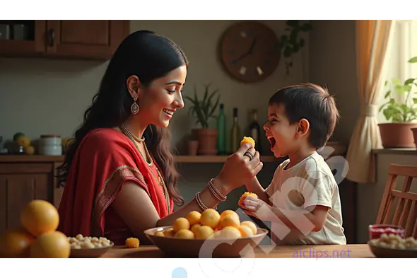 Mother Feeding Laddu to Child in Traditional Indian Kitchen