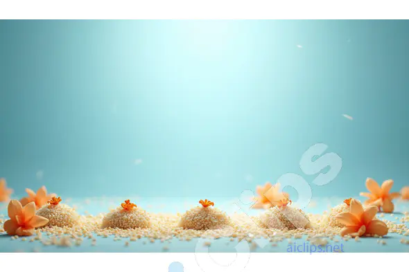 Tranquil Floral Arrangement with Rice on Light Blue Background