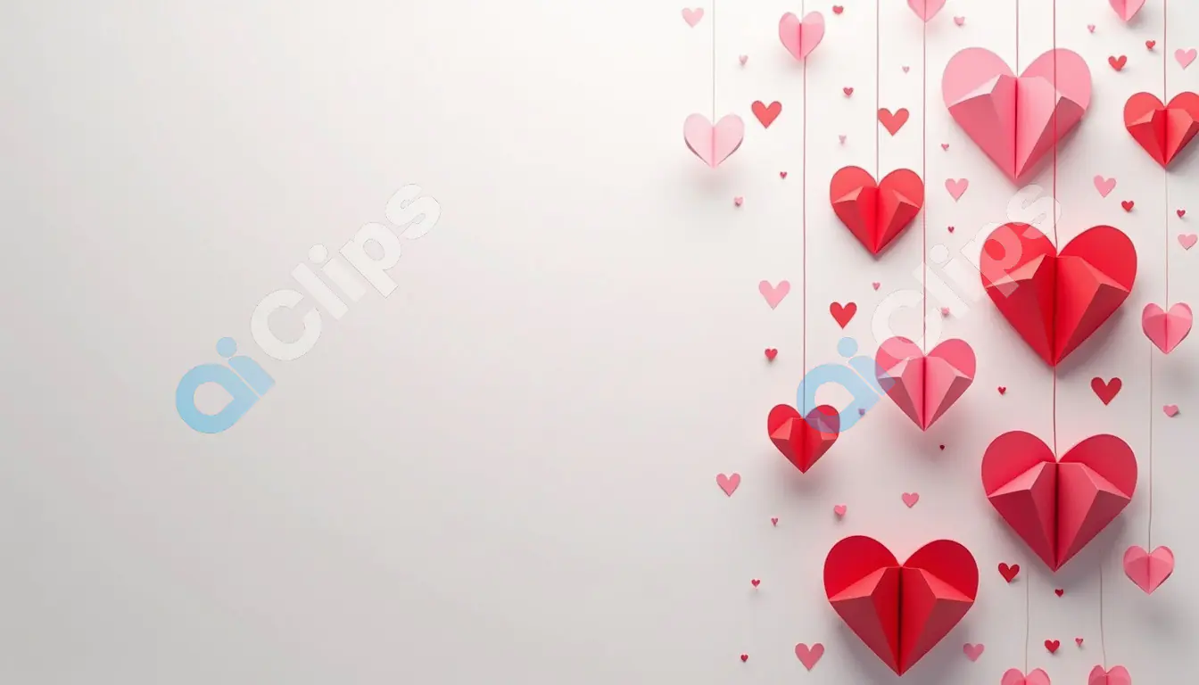 Hanging Origami Hearts on White Background