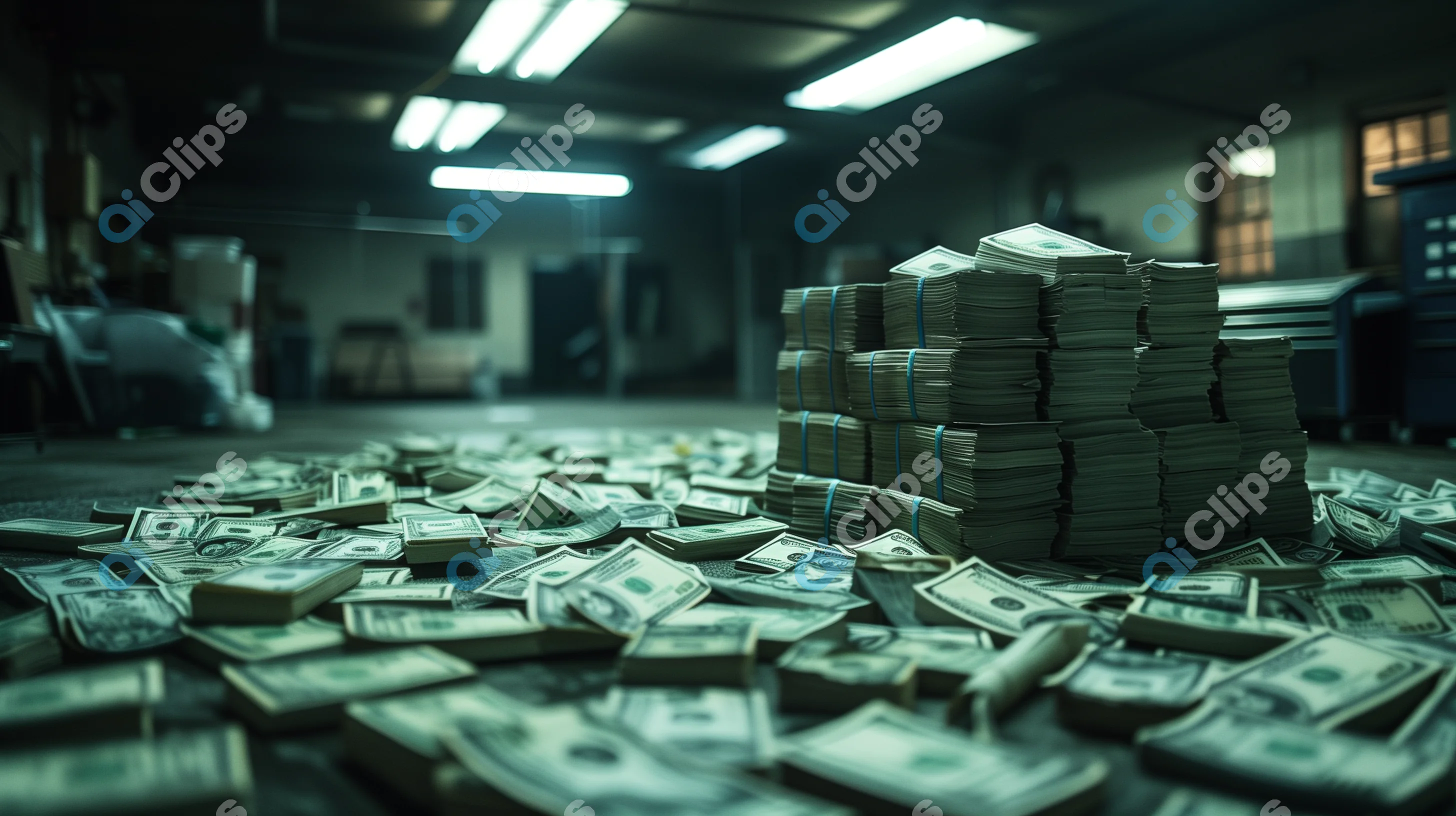 Stacks of Cash in Warehouse