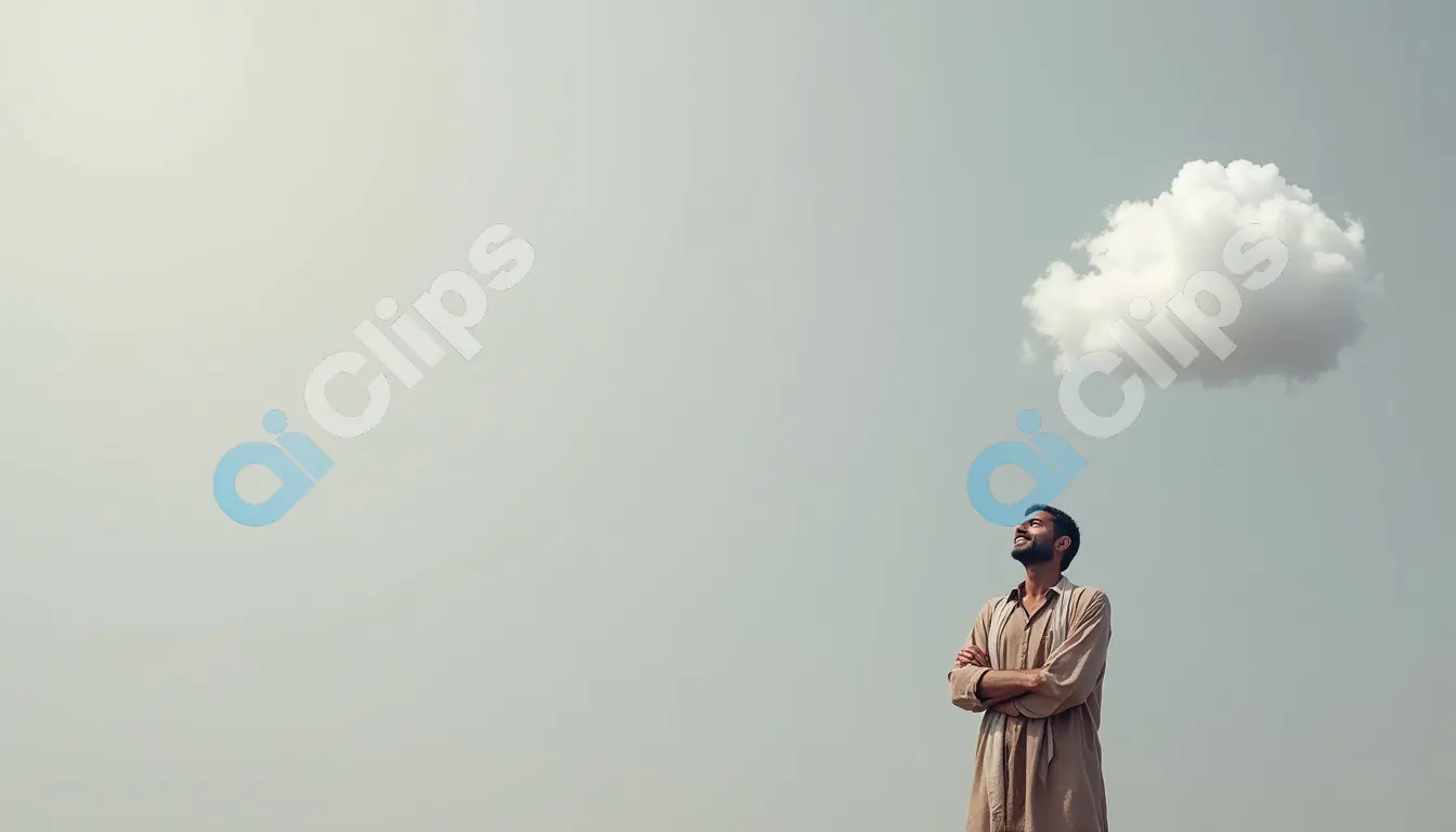 Man Standing Under a Rain Cloud in Minimalist Landscape 1