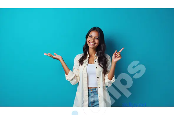Smiling Young Woman Presenting and Pointing on Blue Background