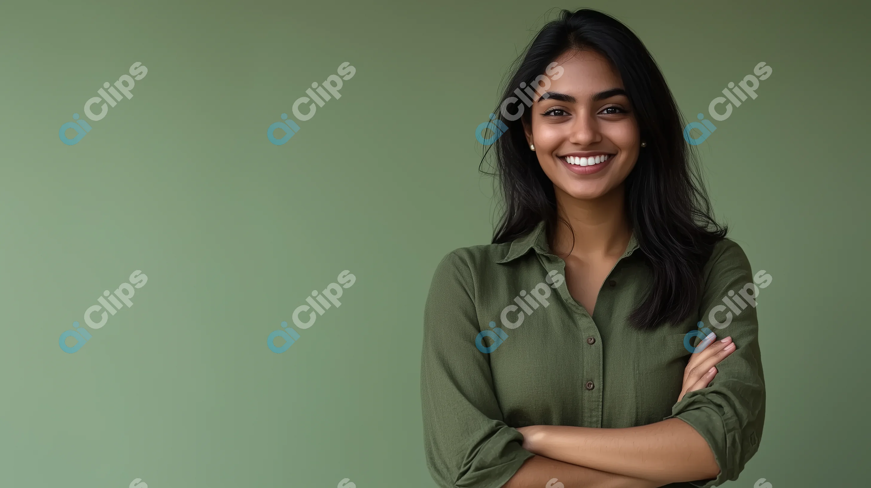 Confident Indian Woman Smiling in Olive Green Shirt