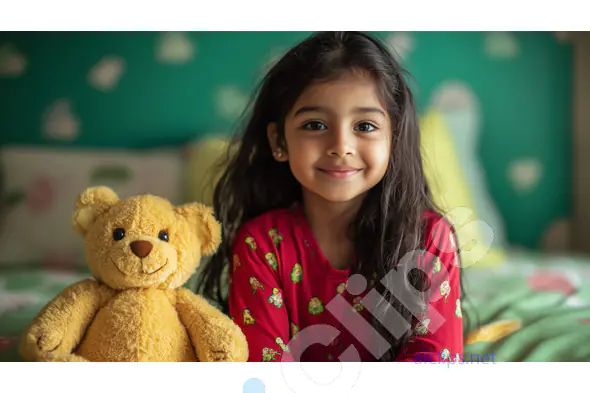 Cheerful Indian Girl with Teddy Bear in Cozy Bedroom