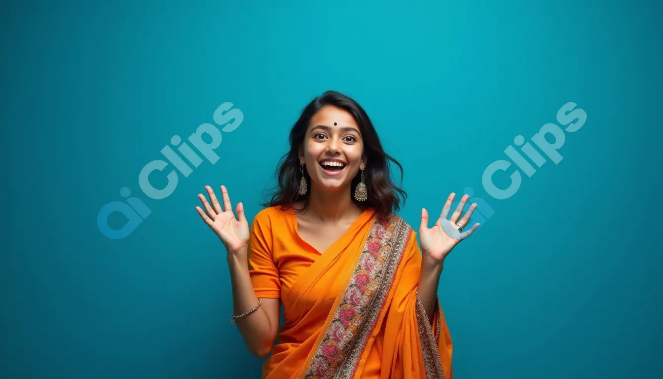 Joyful Indian Woman in Orange Saree