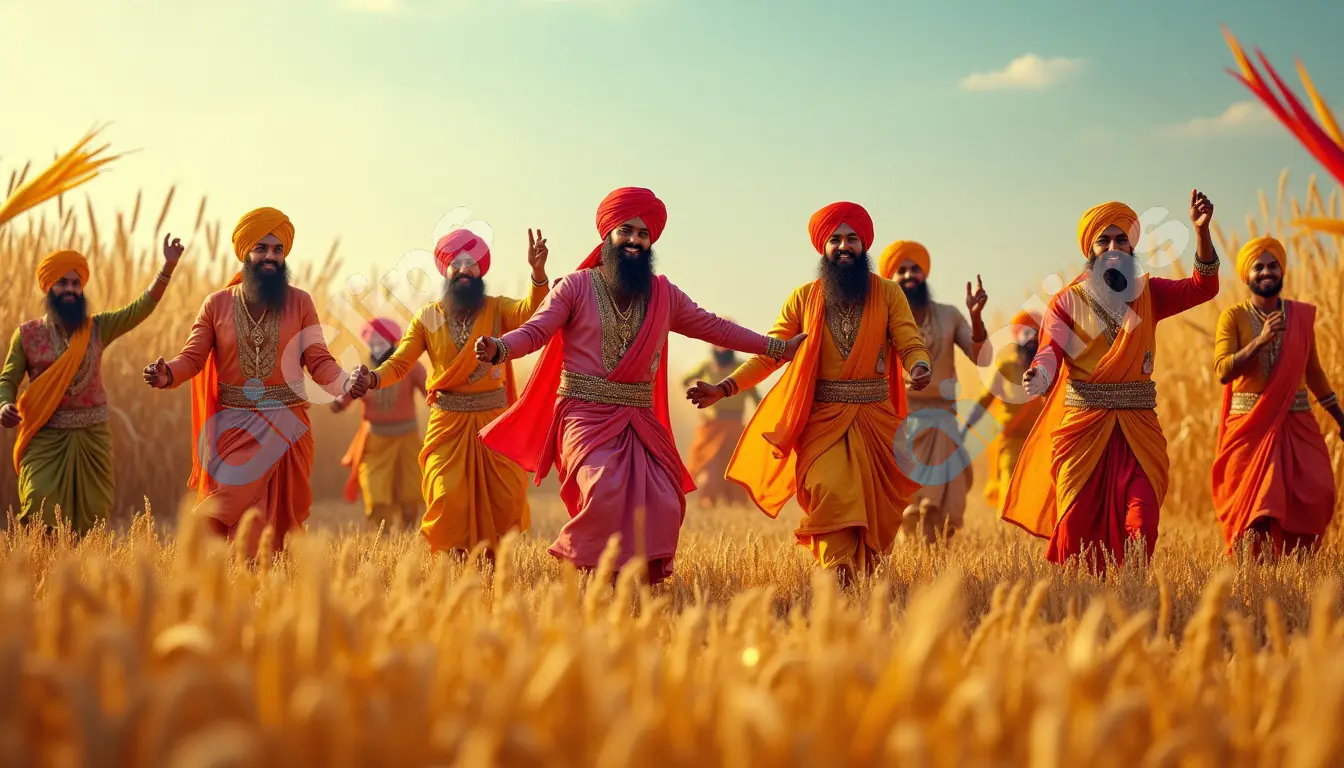 Vibrant Bhangra Dance in Wheat Fields by Punjabi Men in Traditional Attire