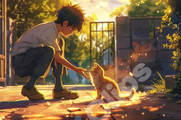 Boy and Cat at Sunset
