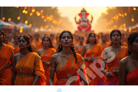 "Ganesh Chaturthi Procession with Women in Traditional Orange Sarees"