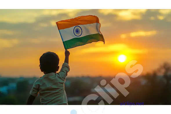 Child Holding Indian Flag at Sunset