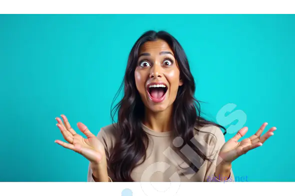 Excited Young Woman with Joyful Expression on Turquoise Background