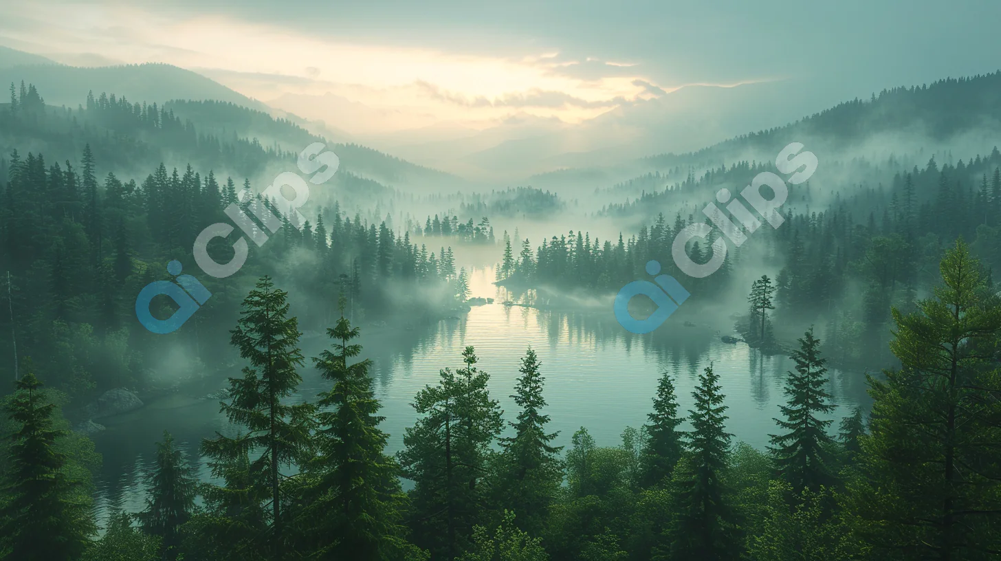 Misty Forest Lake at Dawn