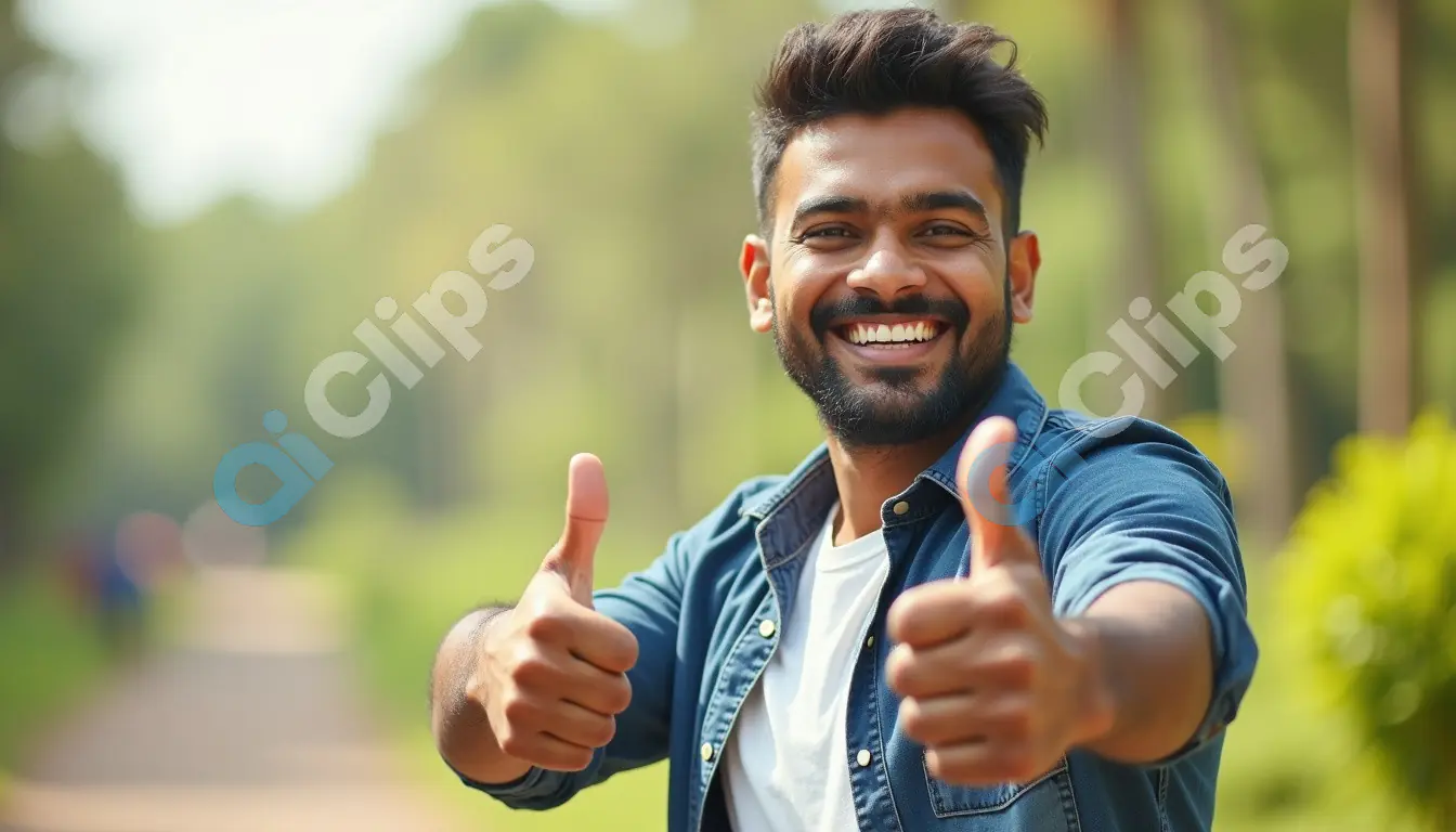 Cheerful Young Man Giving Double Thumbs Up Outdoors