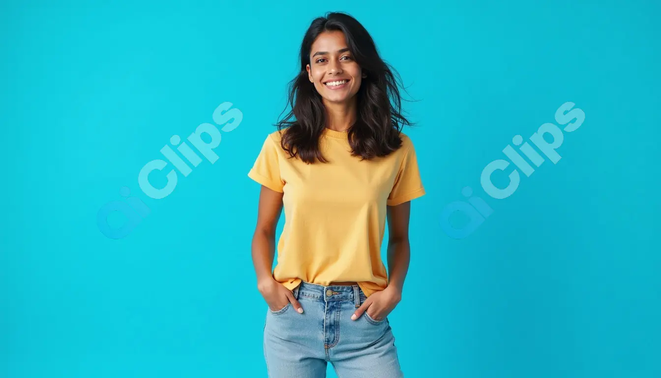 Happy Young Woman in Yellow T-Shirt and Blue Jeans