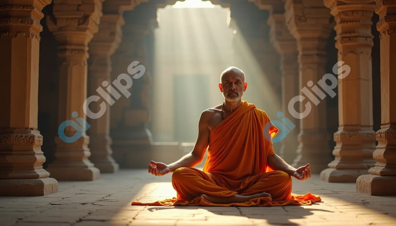 Serene Monk Meditating in Ancient Temple