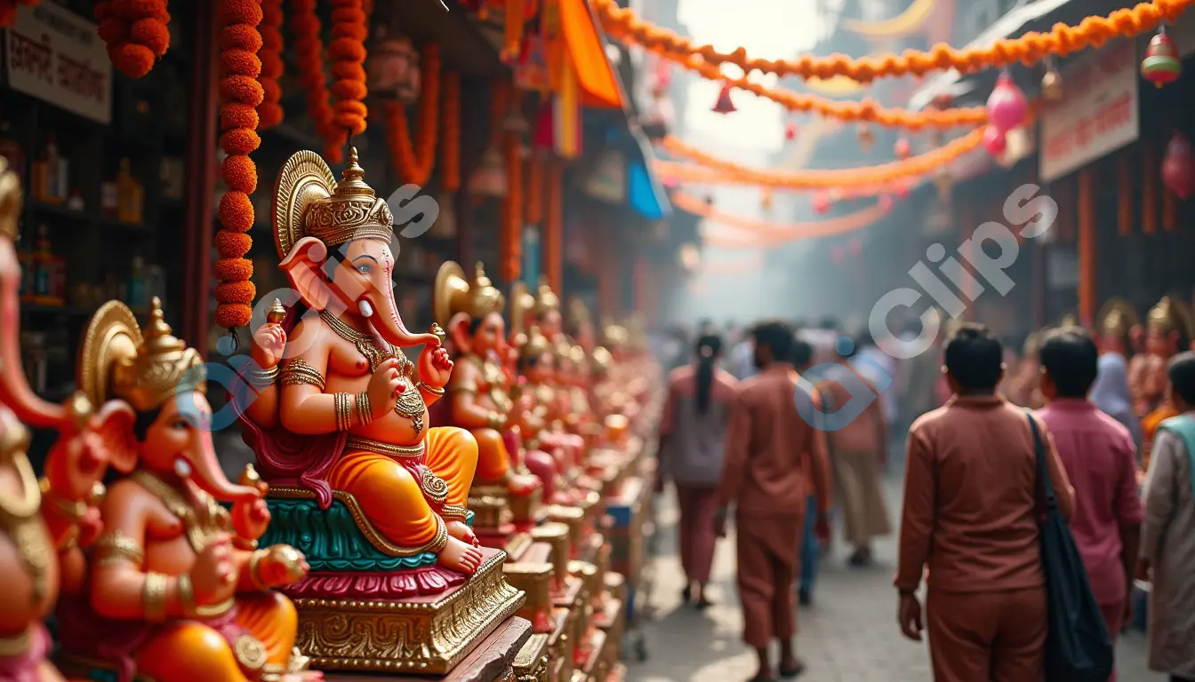 Ganesh Chaturthi Market with Rows of Ganesha Idols