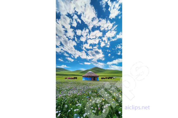 Yurt in Blooming Meadow under Blue Sky