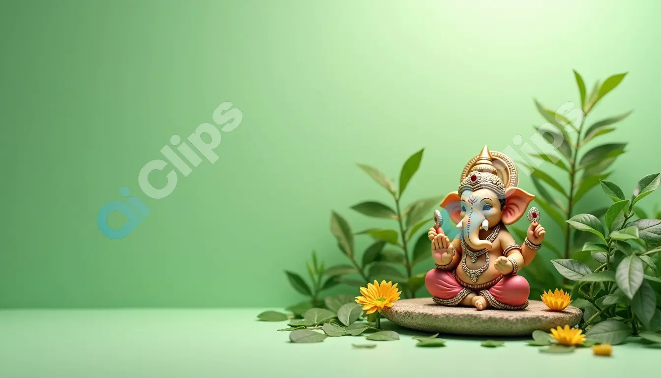 Lord Ganesha Idol with Greenery on Vibrant Green Background