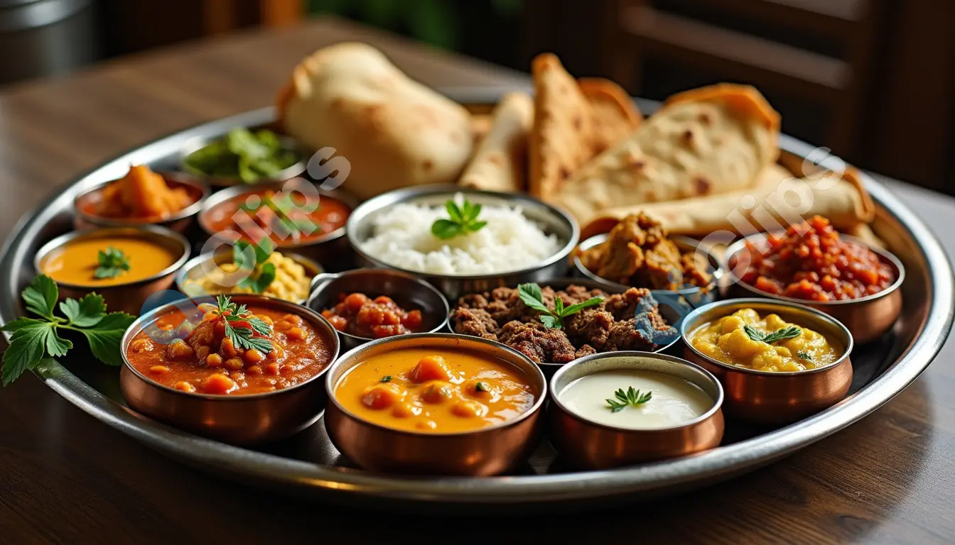 Traditional Indian Thali with Varied Dishes