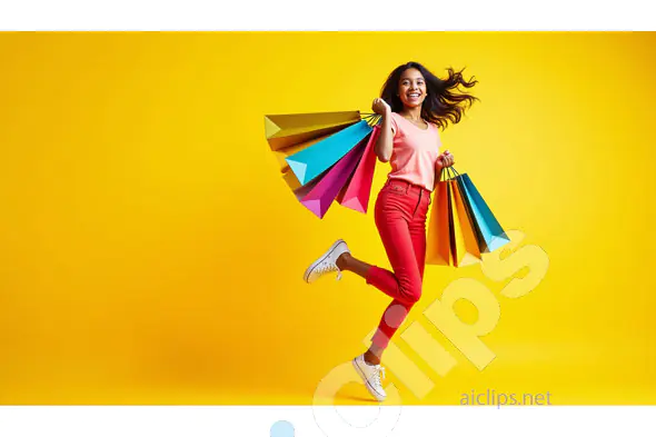 Excited Woman Jumping with Shopping Bags