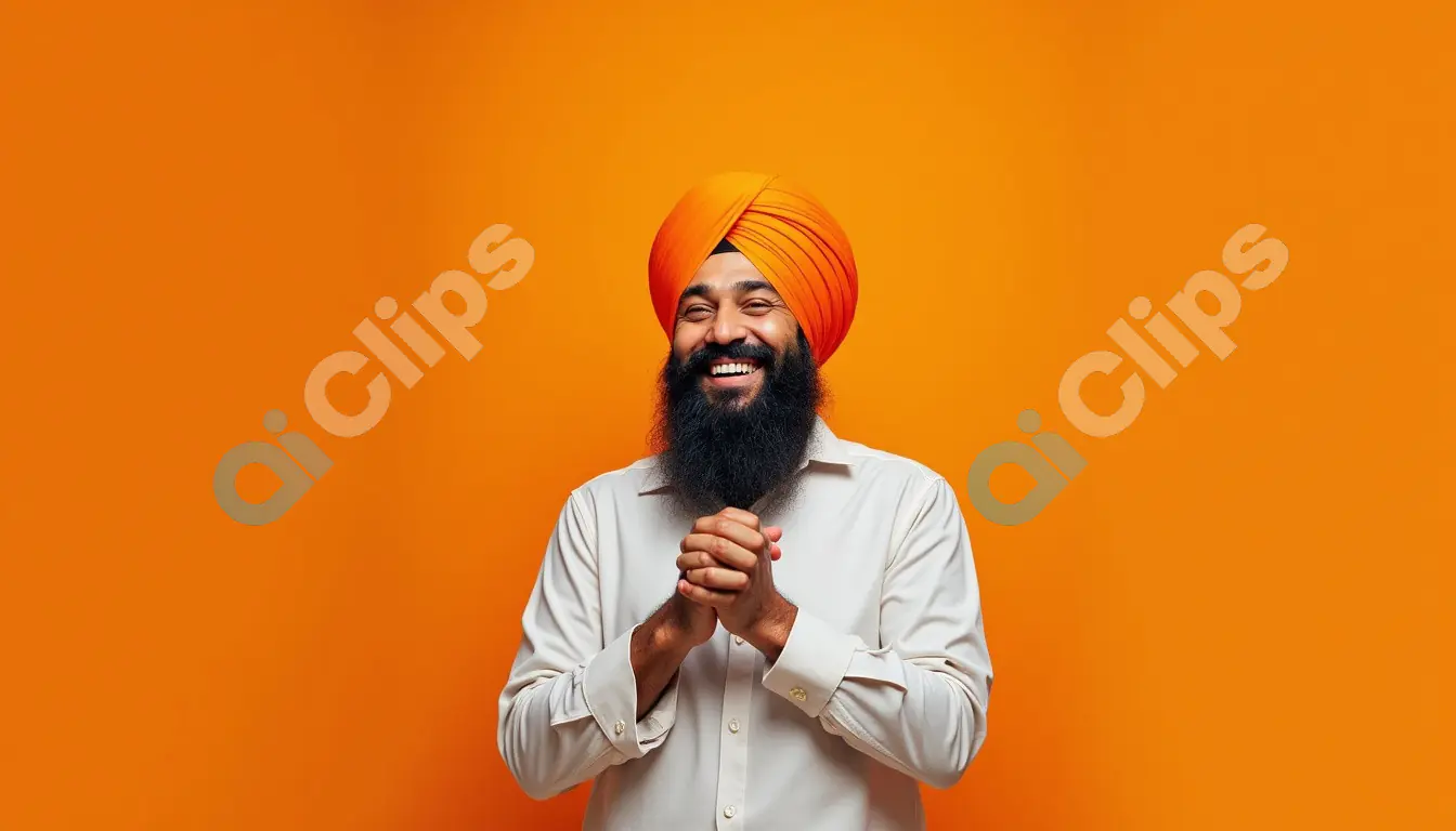 Happy Sikh Man with Traditional Turban on Orange Background