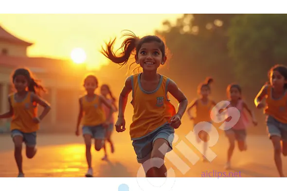 Joyful Girls Running in the Sunset During a School Sports Day
