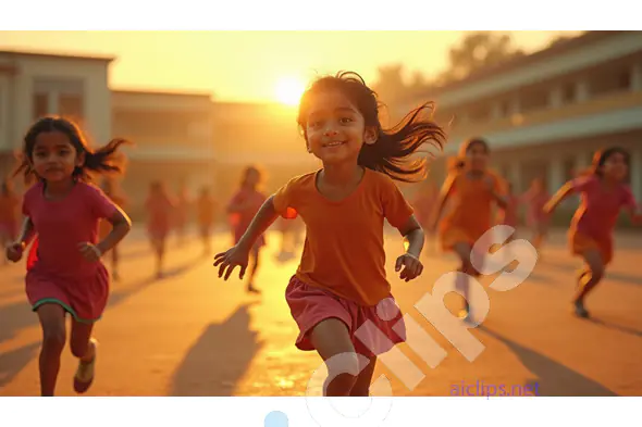 Happy Girls Running at Sunset During School Playtime