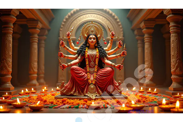 Majestic Goddess Durga in a Temple Setting