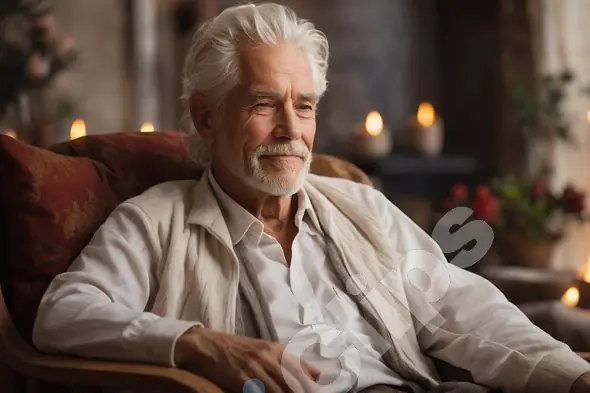 Relaxed Elderly Man by Fireplace
