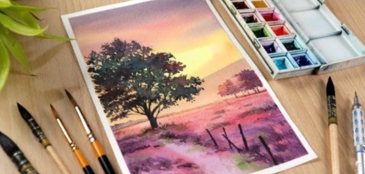 Watercolor Sunset Painting Tutorial - Learn to Paint a Pink Sunset and Tree Masterpiece